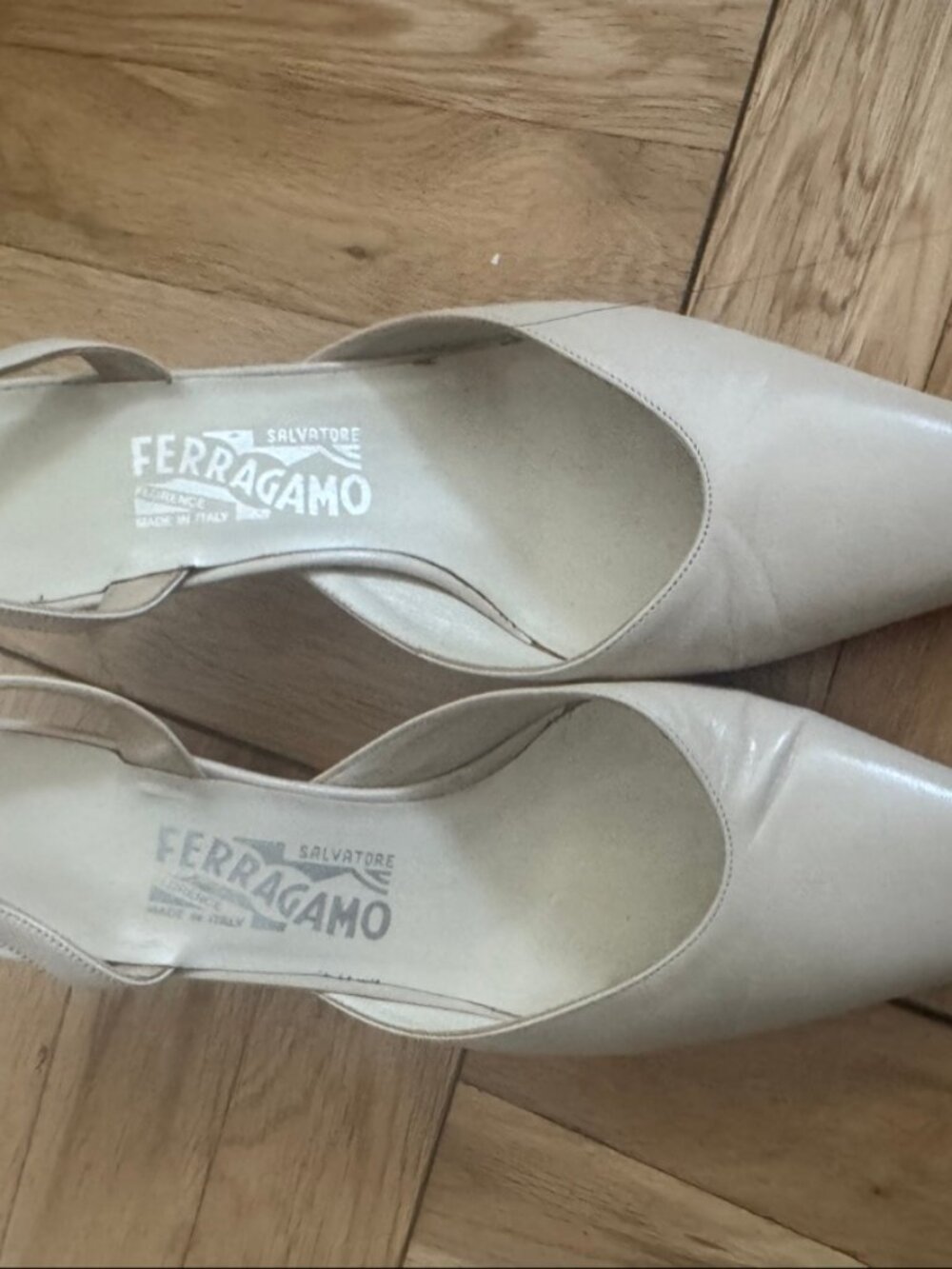 Salvatore Ferragamo Cream Pointed-Toe Slingback Pumps 9